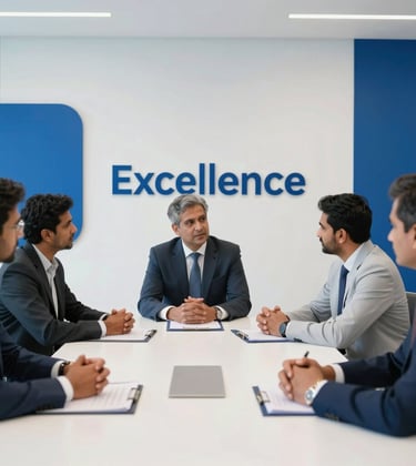 A high-end professional environment featuring South Asian / Indian executives engaged in a strategic meeting, minimalist office interior with Crisp White walls and Deep Royal Blue accents, signifying excellence.