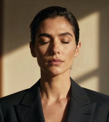 A cinematic portrait of a sophisticated person in a South American modern setting, eyes closed in deep focus. Refined attire, golden lighting shadows, editorial style photography.