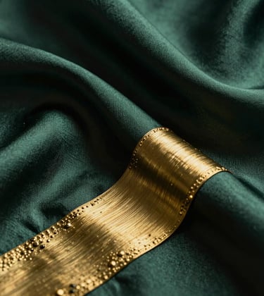 Macro photography of refined abstract textures, dark green silk and brushed golden metal. Cinematic lighting, deep shadows, representing sophisticated internal layers.