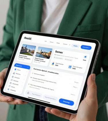 A sophisticated digital tablet display showing real estate analytics and property listings, held by a professional in a forest green blazer, symbolizing the SaaS platform for agents.