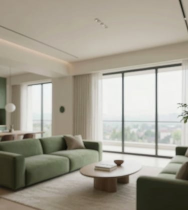 Interior of a premium 1BHK apartment near HSR Layout, showing minimalist, high-end design with floor-to-ceiling windows, soft cream walls, and elegant green accents.