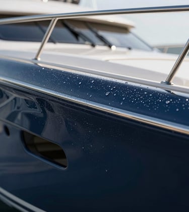 Macro photography of a yacht's surface after a high-end detailing, showing extreme gloss and water beads on a deep navy ceramic-coated hull.