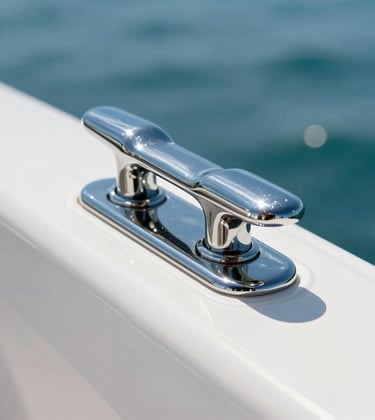 An extreme close-up of a polished chrome boat cleat on a luxury vessel in Coastal Florida. The gelcoat is pristine and white, reflecting the bright ocean blue sky. Meticulous detailing work is evident in the mirror-like finish and clean edges.