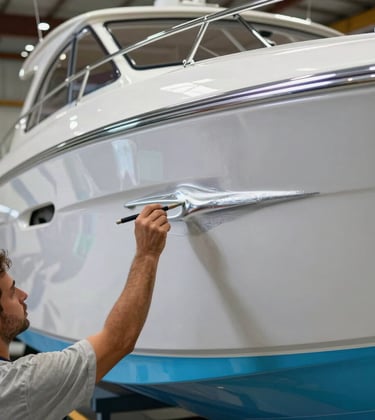 A close-up shot of a professional painter applying a premium high-gloss silver and ocean blue finish to a yacht hull in a modern shipyard setting in Florida.