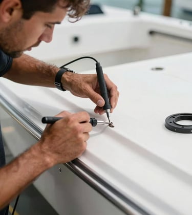Close-up of a expert technician repairing fiberglass on a boat hull with specialized tools, showing a clean and methodical work environment in Coastal Florida.