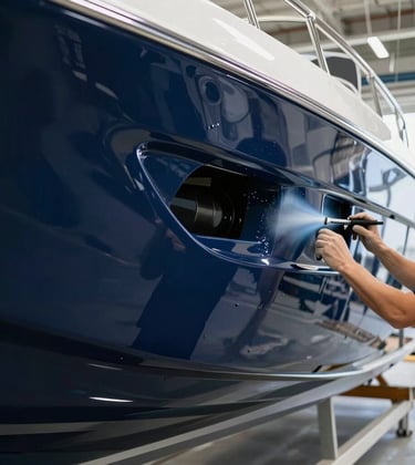 A professional marine workshop in North American / US - Coastal Florida, showing a luxury yacht hull being meticulously spray-painted in high-gloss deep navy blue. The surface is reflective like a mirror, showcasing a silver-toned finish and high-end craftsmanship.