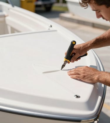 A detailed shot of a skilled professional repairing a white fiberglass boat hull in Coastal Florida. The focus is on the precision tools and the smooth, seamless texture of the surface under bright, natural daylight. The mood is professional and clean.