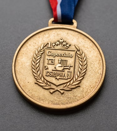 A heavy commemorative medal in antique gold finish with a custom embossed corporate logo, displayed on a dark neutral gray background. High-end product photography with macro focus, Spanish / European manufacturing style.