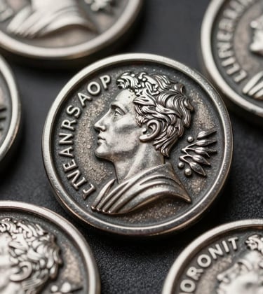 Close-up of high-quality custom metal pins with intricate relief work and a polished silver finish. Dramatic lighting highlighting the sharp edges and metallic luster, Spanish / European aesthetic.