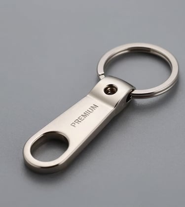 Premium custom metal keychains featuring clean lines and a durable metallic silver finish. Professional studio lighting on a soft neutral gray background, highlighting the quality and strength of the product, Spanish / European context.