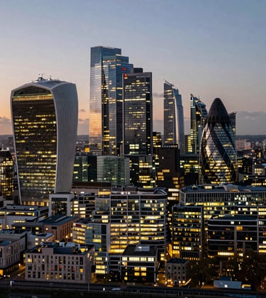 An aerial view of the London skyline at twilight, focusing on the sophisticated geometry of modern skyscrapers. Rich golden lights and deep black shadows.