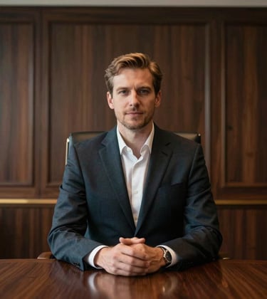 A professional portrait in a high-end European / British corporate boardroom with dark wood panels and subtle golden lighting. Refined and confident atmosphere.