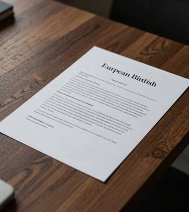 A close-up of a high-end creative brief on a minimalist wooden desk in a London office. Elegant serif typography is visible on the paper. Dark, moody, European / British aesthetic.