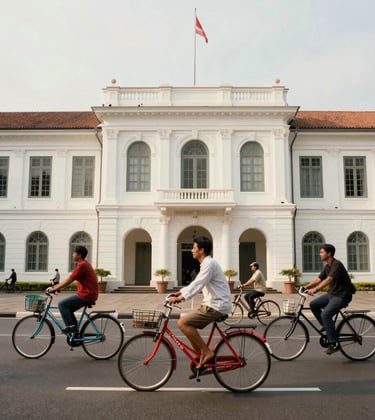 Photography of the colonial-style Jakarta History Museum in Fatahillah Square, with people riding colorful vintage bicycles in a Southeast Asian / Indonesian historical setting.
