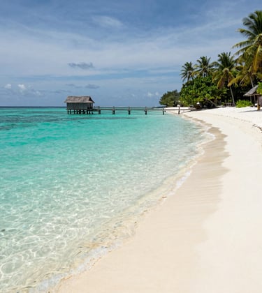 Crystal clear turquoise waters and soft off-white sand at a beach in Kepulauan Seribu, with small wooden docks and palm trees under a bright sky, Southeast Asian / Indonesian island paradise.