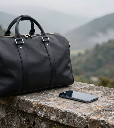 Close-up of a premium leather travel bag and a high-end smartphone on a stone ledge overlooking a misty valley. Sophisticated travel gear aesthetic.