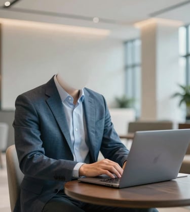 Faceless professional male in a sharp blazer using a laptop in a modern, minimalist hotel lobby. Clean lines and professional lighting with #4A7B8E accents.