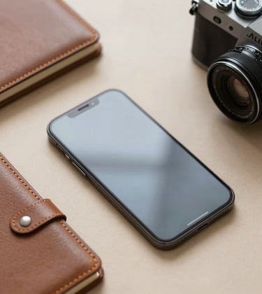 A top-down professional flat lay of a high-end smartphone, a leather travel journal, and a minimalist camera on a sand-colored surface, reflecting the #D2C9B0 palette.