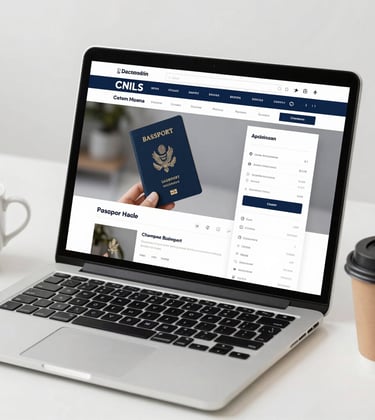 A clean, professional image of a laptop displaying a campaign dashboard, with a passport and a coffee cup on a bright, minimalist desk.