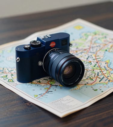 A professional Leica camera and a vintage-style travel map arranged on a clean, dark wooden desk. Professional and inspiring layout with #1E2B38 deep blue tones.