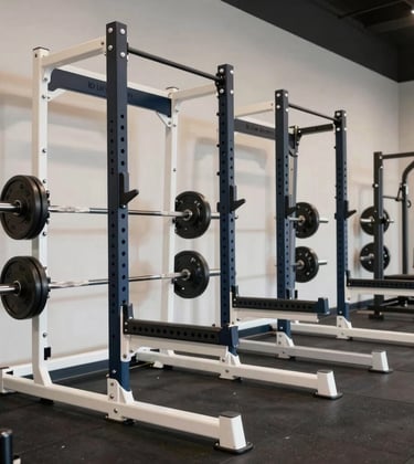 A high-impact photograph of a row of premium squat racks in a luxury North American / US gym. The equipment is perfectly polished, with a sophisticated dark navy and off-white color palette.