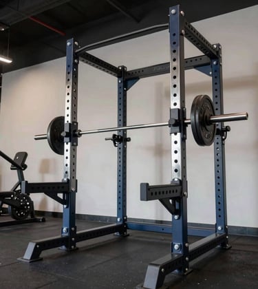 An action-oriented, professional photography shot of a custom-built power rack system in a luxury American gym. Dark navy and chrome textures contrast sharply. The composition is low-angle, focusing on the elite craftsmanship and strength-focused atmosphere of the training floor.