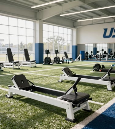 A dynamic shot of a high-performance indoor turf area in a US-based luxury training facility. Bright morning light floods the space, highlighting clean white and pacific blue accents. Performance sleds and precision weights are neatly organized in a composition that suggests discipline and elite standards.