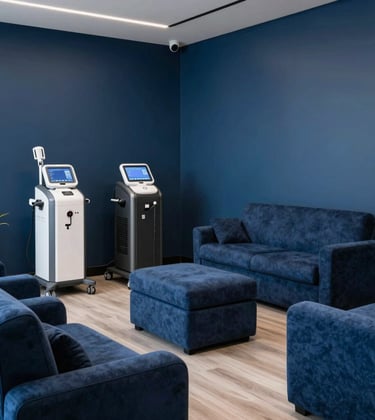 A high-end interior photograph of a recovery lounge in a North American / US premium fitness club, featuring plush seating, a clean Pacific Blue aesthetic, and state-of-the-art recovery technology in a minimalist setting.