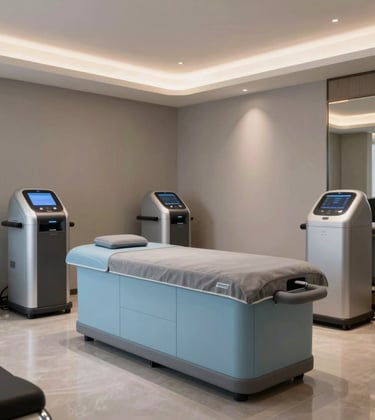A professional photograph of a luxury recovery lounge in a North American elite gym. Features light blue gray accents, soft ambient lighting, and high-tech hydrotherapy or infrared equipment. The style is minimalist and high-performance, focused on wellness and premium quality.