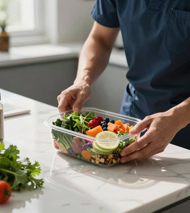 A close-up photograph of a professional nutritionist in a modern North American / US health suite, preparing a vibrant, protein-rich meal plan. Soft, natural morning light hits the surface of a clean white marble countertop with fresh greens.