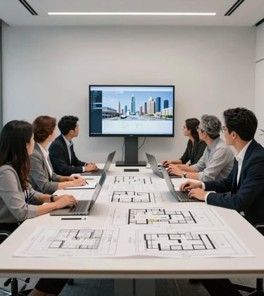 A group of professionals in a minimalist Dubai office, planning real estate content on a large table with architectural plans and digital screens. The scene highlights the behind-the-scenes work and agency structure.