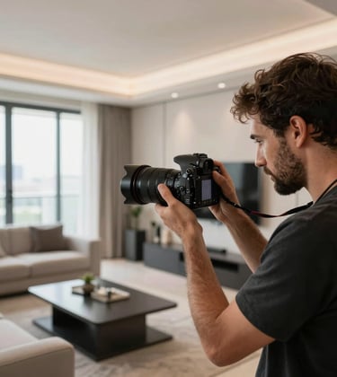 Behind-the-scenes photography of a real estate marketing shoot in Dubai. A professional photographer is capturing a sleek, modern apartment interior with a high-end camera. The mood is focused and professional.
