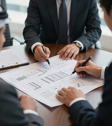 Close-up of a team of real estate professionals in sophisticated business attire reviewing complex blueprints and data charts on a dark wood table in a Dubai boardroom. Middle Eastern / Gulf professional context.