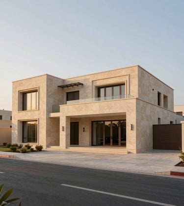 A wide-angle exterior shot of a contemporary luxury villa in a prestigious Dubai district during the golden hour, showcasing clean architectural lines and sandy beige stone. Middle Eastern / Gulf architecture.