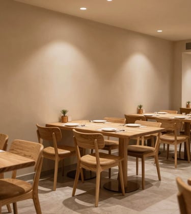 Interior of a cozy, Scandinavian-style restaurant in a Middle Eastern / Gulf setting. Minimalist wooden furniture, warm Beige walls, and soft ambient lighting. The scene is sophisticated and approachable.