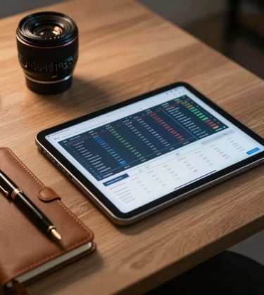 A high-end professional desk in a Middle Eastern / Gulf office featuring a digital tablet showing complex real estate market charts next to a leather-bound notebook and a fountain pen. Warm, focused lighting.