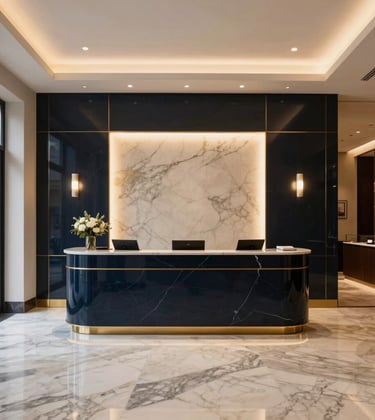 Interior of a high-end private banking reception in Paseo de Gracia, Barcelona. Polished marble floors, dark navy and gold accents, minimalist luxury design. Southern European / Spanish architectural style, warm and professional lighting.