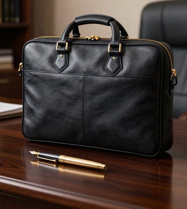 Detailed shot of a luxury leather briefcase and an elegant gold fountain pen resting on a dark mahogany desk in a Southern European executive office.