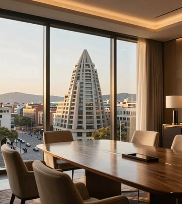View from a sophisticated executive meeting room window overlooking the iconic modernist architecture of Paseo de Gracia, Barcelona. Luxury furniture, golden hour lighting, exclusive atmosphere. Southern European style.