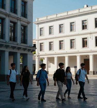 A group of students walking through a modern urban plaza in a South American city, looking at historical architecture. The style is clean and professional, with high contrast between the dark blue shadows and bright off-white buildings.