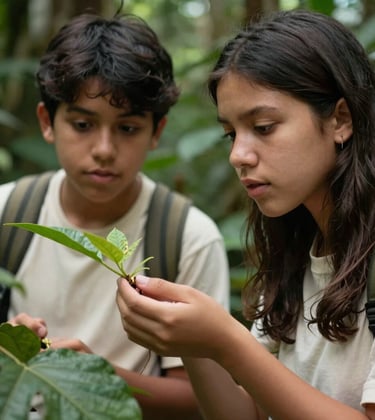 Close-up of South American students observing a botanical specimen in a lush natural reserve. Soft natural lighting, focusing on the expression of curiosity. Professional photography with off-white and deep green tones.