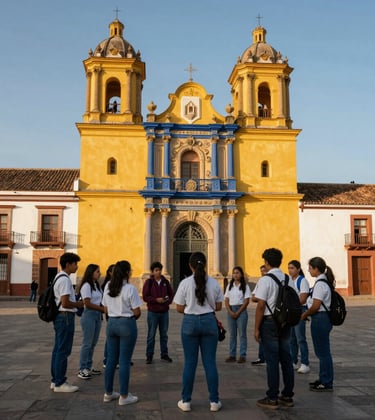 Photography of a colonial era plaza in South America, featuring students engaged in a guided tour. Clean, modern composition with vibrant golden yellow sunlight and steel blue architectural details.