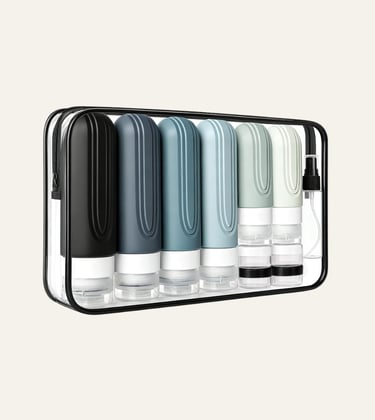 Reusable silicone travel bottles and containers in a clear TSA-approved toiletry bag.
