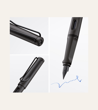 3 picture collage of images of a black Lamy Safari Fountain Pen