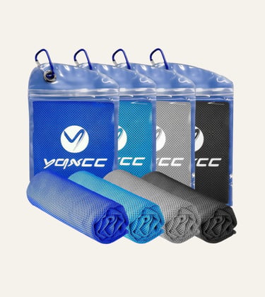 Four microfiber cooling towels in blue, light blue, grey, and black with matching carrying pouches.