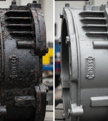 Antes y después de pieza de fundición oxidada