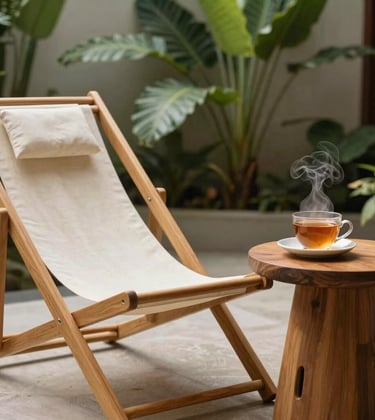 A peaceful relaxation lounge in a luxury spa with clean warm cream linen, elegant minimalist wooden deck chair, a steaming cup of ginger tea on a wooden side table, lush green tropical plants softly blurred in the background, Southeast Asian / Indonesian style.