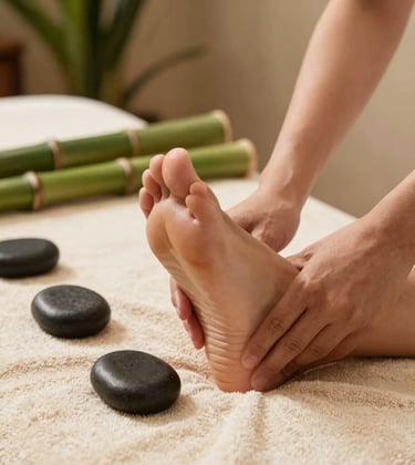 A calm, elegant photography shot of a reflexology foot massage. Clean warm cream towels, hot stones, and fresh green bamboo stalk accents. The scene has a peaceful forest green and warm earth beige aesthetic. Southeast Asian spa vibe.