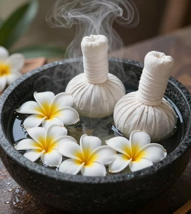 An elegant black stone bowl filled with clear warm water, floating white and yellow frangipani flowers, and herbal massage stamps. Soft herbal steam rising, luxury wellness spa setting, peaceful natural background, Southeast Asian / Indonesian style.