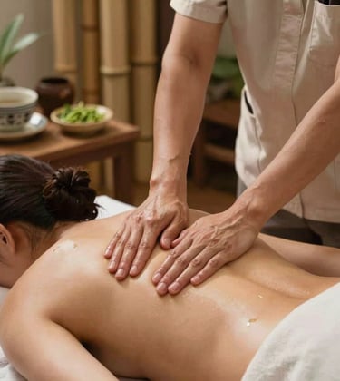 A professional Indonesian therapist's hands performing a deeply relaxing oil massage on a client's back in a serene spa. Soft warm lighting, natural bamboo stalks and organic green tea elements in the background, tranquil atmosphere, Southeast Asian / Indonesian environment.